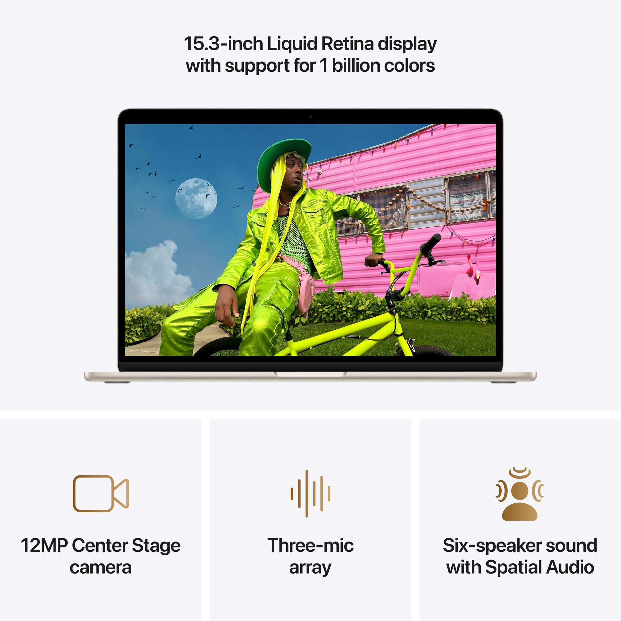 Apple MacBook Air 15'' cu procesor Apple M5, 10 nuclee CPU, 10 nuclee GPU, 16GB RAM, 512GB SSD, Starlight, Tastatura Internationala, Manual RO