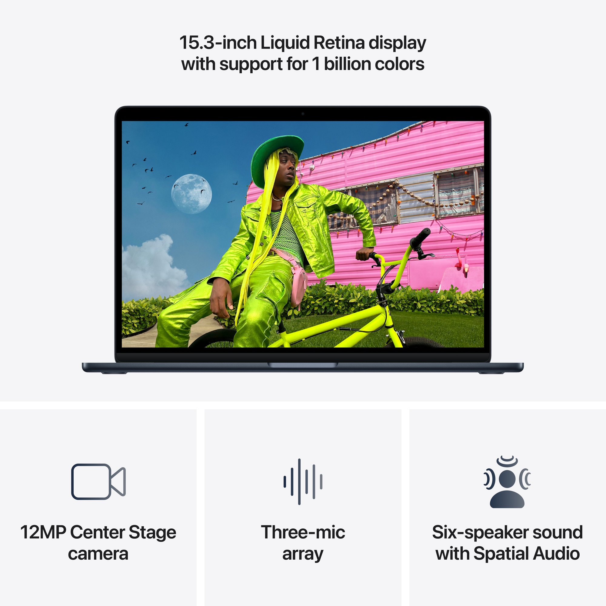Apple MacBook Air 15'' cu procesor Apple M5, 10 nuclee CPU, 10 nuclee GPU, 16GB RAM, 1TB SSD, Midnight, Tastatura Internationala, Manual RO