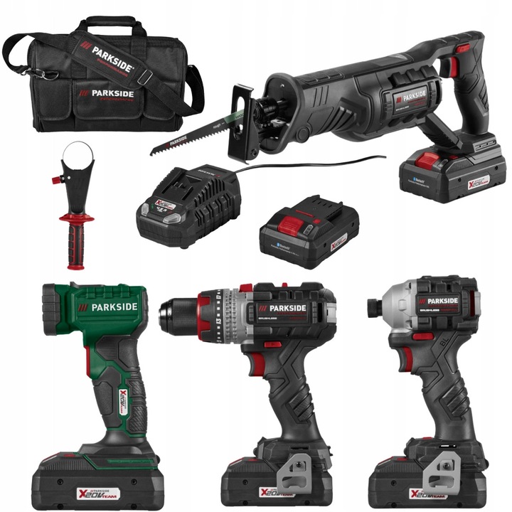 Комплект акумулаторни инструменти Parkside 20 V с 2 батерии и чанта