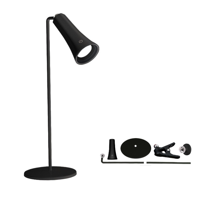Настолна лампа, Aiorber, трицветно странично осветление, тъч контрол, 1200 mAh, разглобяема, презареждаема, подходяща за дома/хол/къмпинг на открито/офис, черна