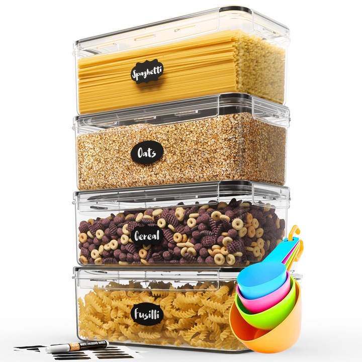 4 db átlátszó, 3,6 literes élelmiszer tároló doboz, légmentesen záródó fedéllel, tésztához, gabonafélékhez, rizshez, hatékony rendszerezéshez