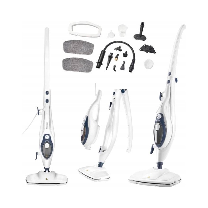 Mop parowy 2 in 1, 1500 W, curatare eficienta, alb, 28x21,5x112cm, set complet accesorii