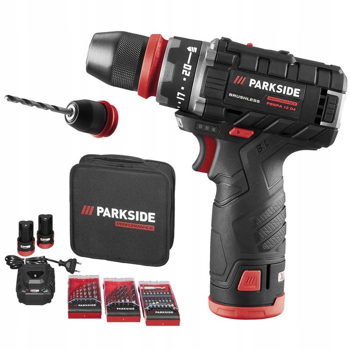 Wiertarko-surubelnita Parkside PBSPA 12 D4, 2 acumulatori 2.0 Ah, negru-rosu, 17x5.7x19cm, set 25 piese