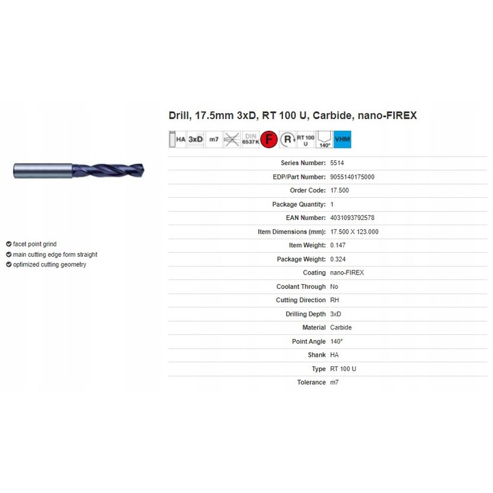 Set burghie GUHRING 3xD 17,50mm, pentru materiale dure, lungime 123mm, 3xD