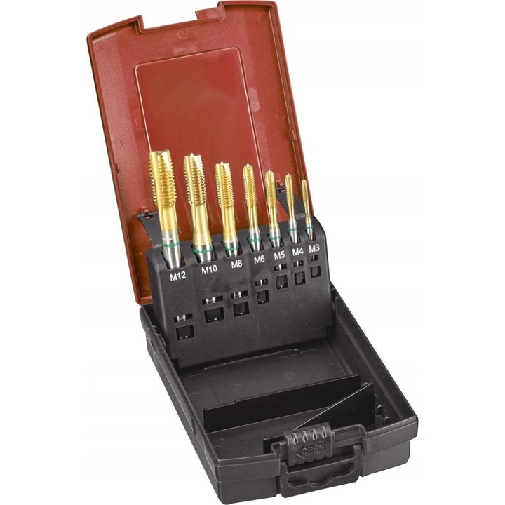 Set de 7 tarozi M3-M12, TiN, pentru gauri prin, FORMAT GT