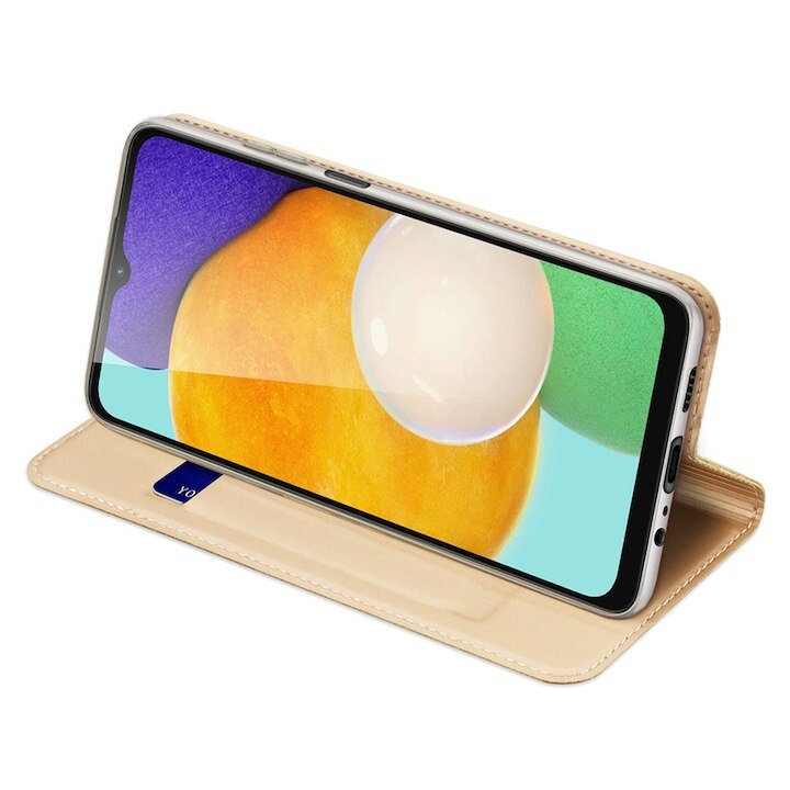 Husa de protectie DaDen Tip carte pentru Samsung A33 5G, Suport card, Functie de Stand si Inchidere Magnetica, Proficient Protection, Auriu