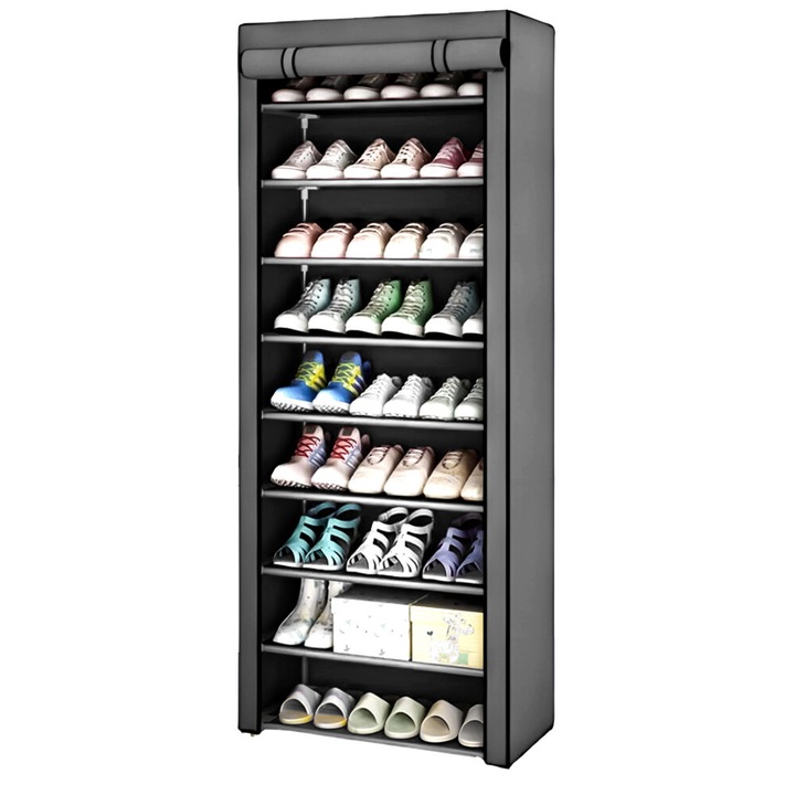 Dulap pentru Pantofi FTXT-9, Model Textil, 9 Rafturi, Gri, Pliabil, Dalimag