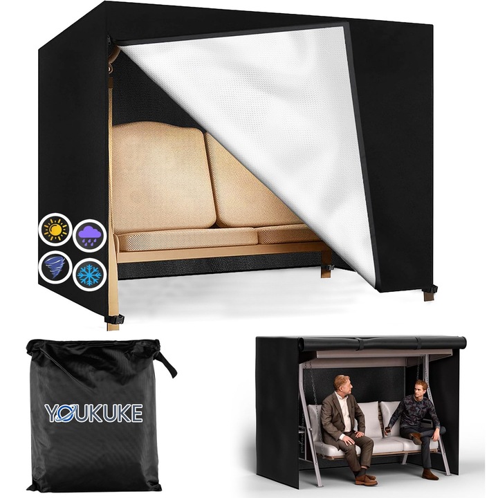 Husa de balansoar YOUKUKE®, 2 fermoare, 220*125*170cm, impermeabil, Rezistent la umiditate, rezistent la UV, nu se estompeaza usor, pentru balansoar cu 3-4 locuri, Negru