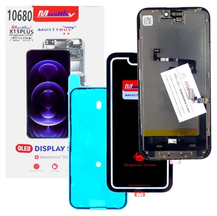 Дисплей Soft OLED за iPhone 15 Plus, Musttby, диагностицируем, пълен, със сензорен панел, комплект