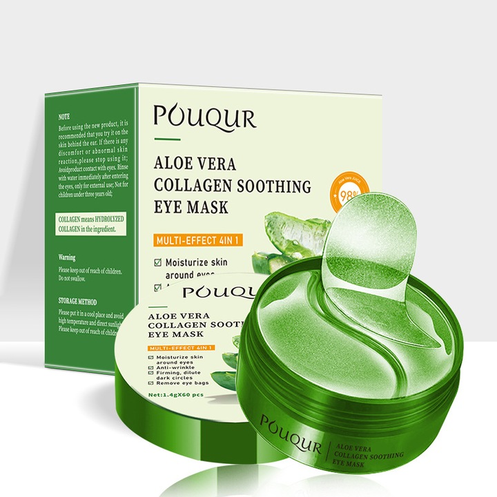 Set 60 masti pentru ochi, POUQUR, plasturi cu aloe vera, Verde deschis