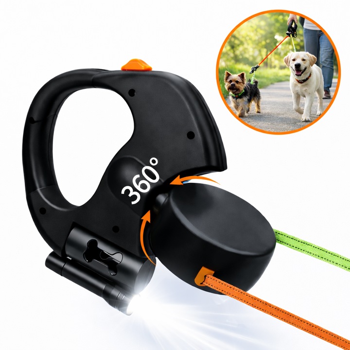 Lesa dubla retractabila AZORA 2-in-1 pentru 2 caini, rotire 360 grade, lungime reglabila 3m per caine, negru