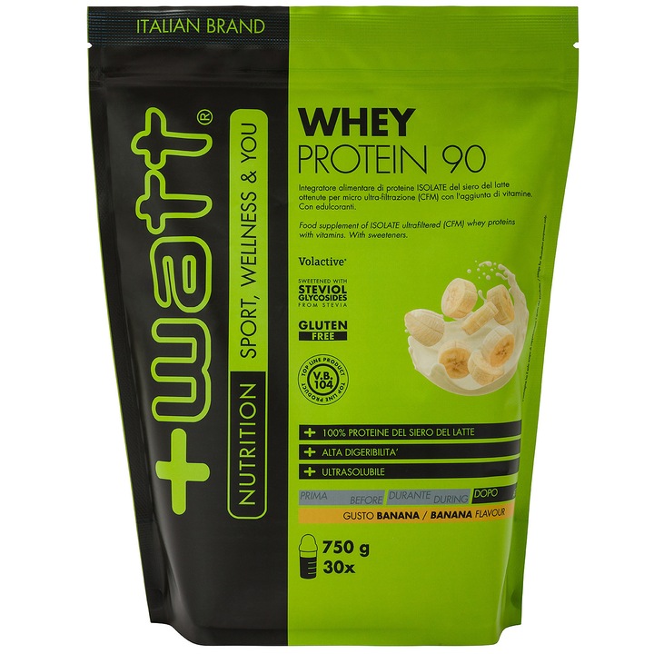 Whey Protein 90 Izolate din zer +Watt, 750 g fara gluten - Aroma de banana