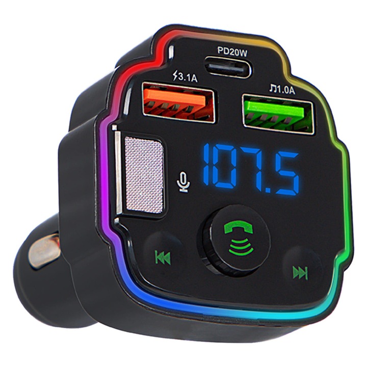 Transmitator FM Blow, Bluetooth 5.0, 2 porturi USB, iluminare RGB, 12V-24V