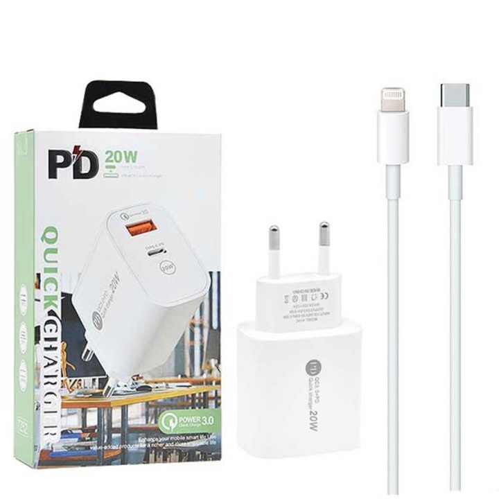 Incarcator telefon Ecobox, 20W, cu cablu Tip C la Lightning, alb, 80x42x30mm