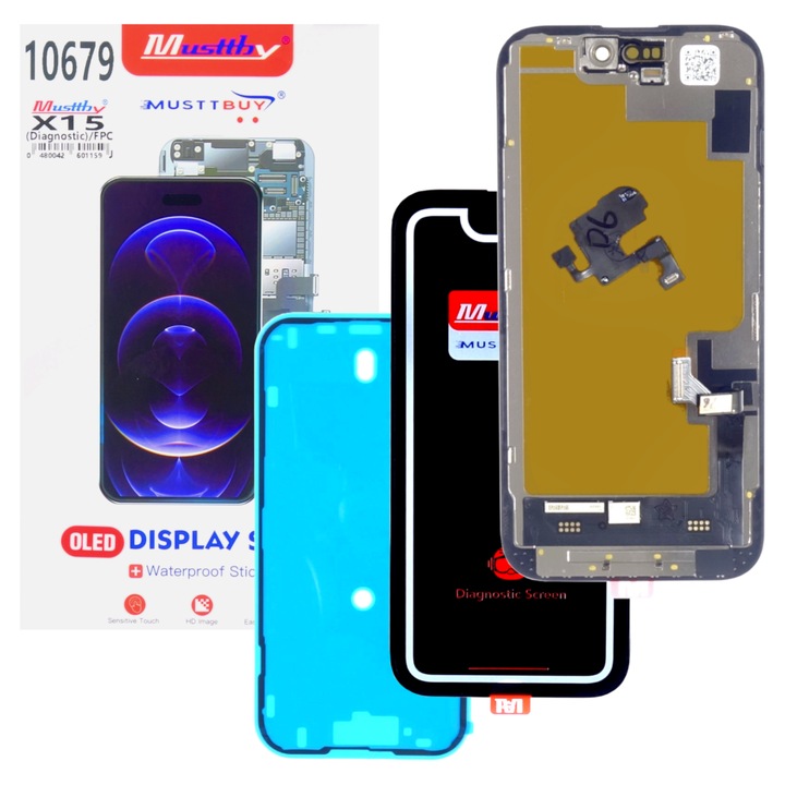 Дисплей Soft OLED за iPhone 15, Musttby, пълен комплект с тъч панел, диагностицируем, черен