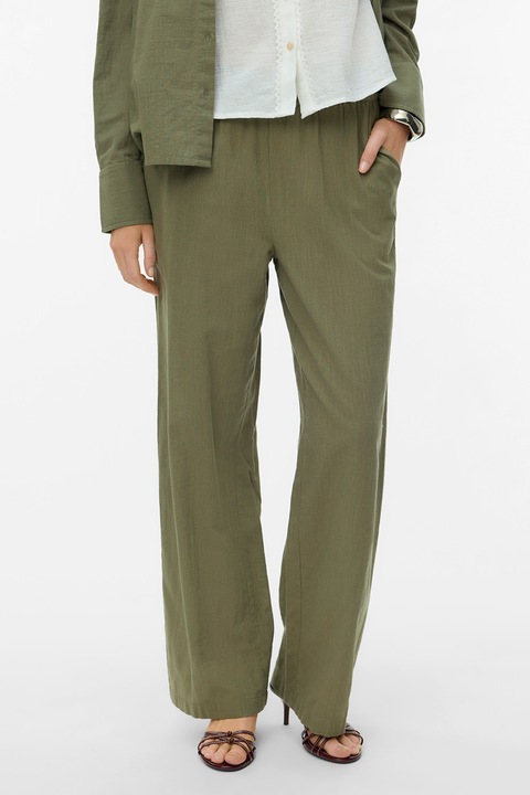 Vero Moda, Pantaloni drepti din amestec de bumbac organic si in, Kaki, S