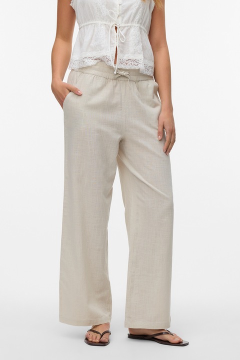 Vero Moda, Pantaloni drepti din amestec de bumbac organic si in, Gri deschis, M