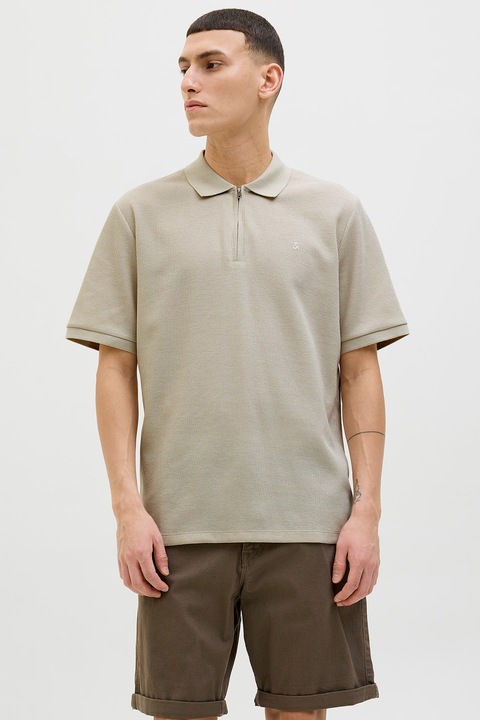 Jack & Jones, Galléros pamuttartalmú póló cipzáros nyakkivágással, Homokbarna