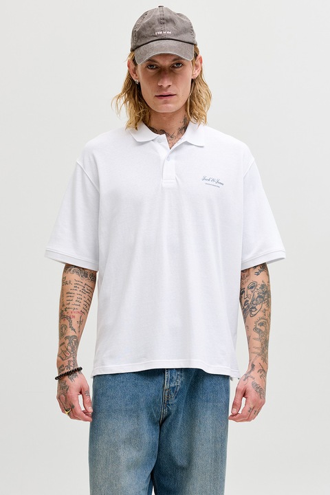 Jack & Jones, Bő fazonú biopamut póló gallérral, Fehér