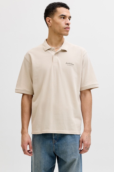 Jack & Jones, Bő fazonú biopamut póló gallérral, Világosbézs