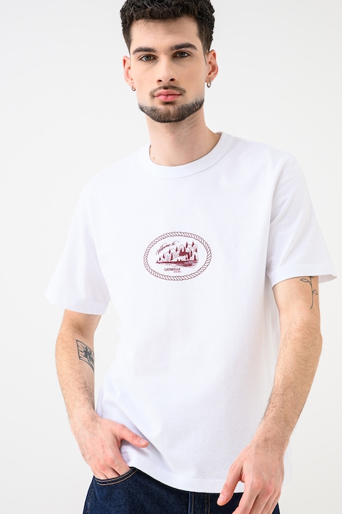 Jack & Jones, Tricou cu decolteu la baza gatului si imprimeu Nan, Alb/Visiniu