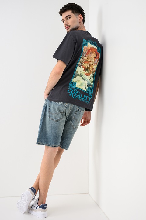 Jack & Jones, Tricou cu decolteu la baza gatului si imprimeu pe partea din spate, Galben antichizat/Gri inchis