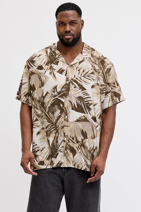 Jack & Jones, Camasa cu model tropical si maneci scurte, Alb/Maro pamantiu