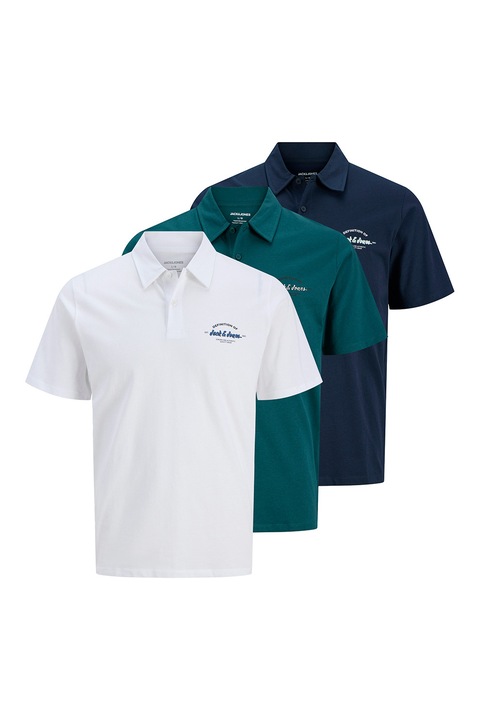 Jack & Jones, Galléros pamutpóló szett - 3 db, Fehér/Perzsazöld/Tengerészkék