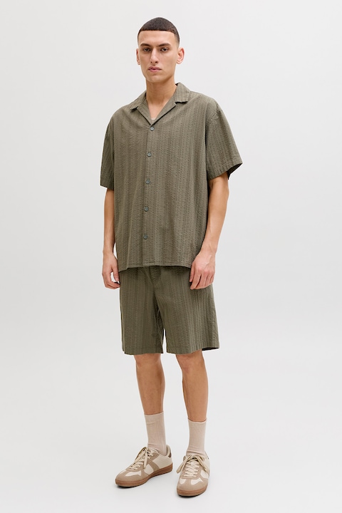 Jack & Jones, Set de camasa texturata din amestec de bumbac organic si pantaloni scurti - 2 piese, Kaki inchis