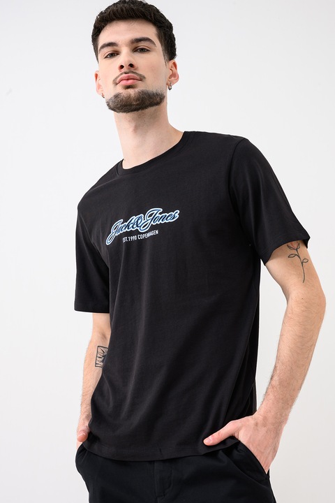 Jack & Jones, Tricou de bumbac organic cu decolteu la baza gatului Jorcatskills, Negru/Albastru
