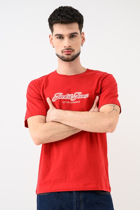 Jack & Jones, Tricou de bumbac organic cu decolteu la baza gatului Jorcatskills, Rosu