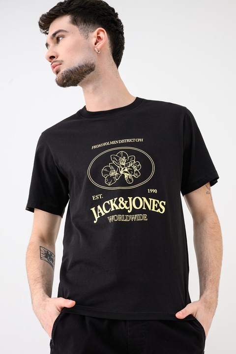 Jack & Jones, Jornantucket organikuspamut póló logómintával, Fekete/Pasztellsárga