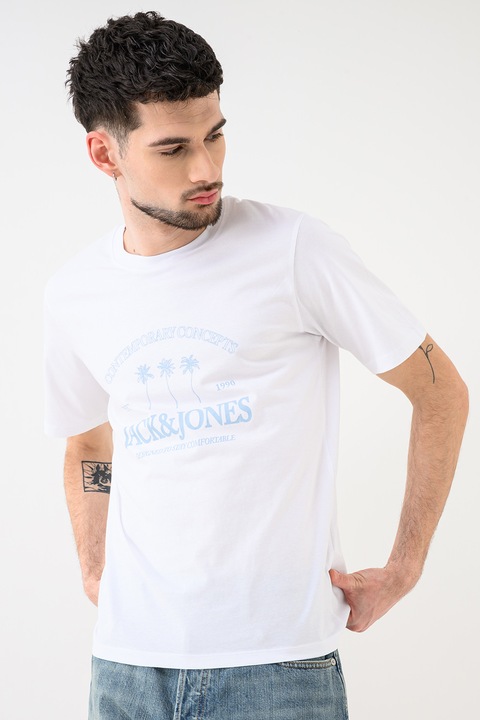 Jack & Jones, Tricou de bumbac organic cu imprimeu logo Jornantucket, Alb/Albastru prafuit