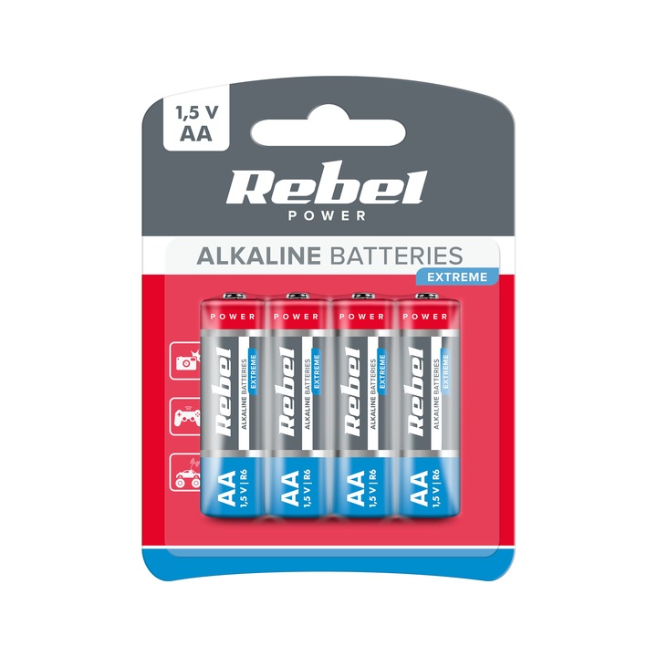 Baterii Alkaline AA LR06 Rebel Extreme, 4 bucati, 1,5V, dimensiuni 50,5x14,5mm