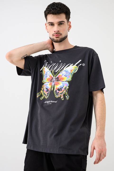 Jack & Jones, Tricou lejer din bumbac organic cu imprimeu grafic, Galben/Albastru/Gri antracit