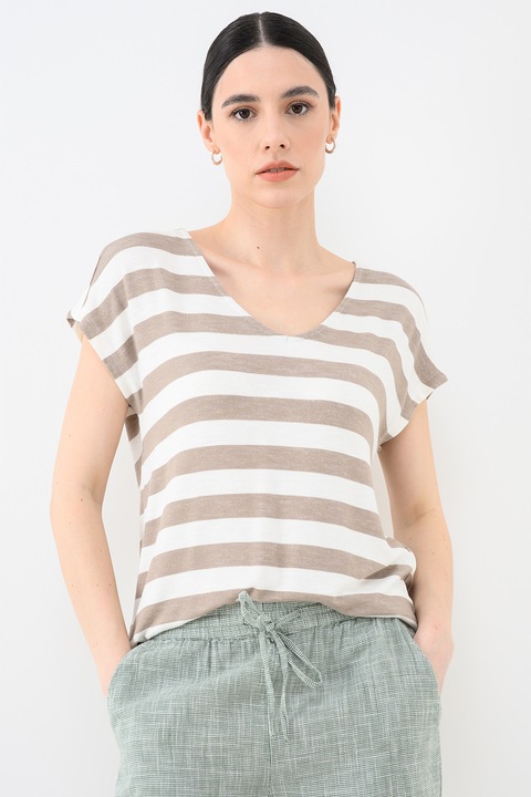 Only, Tricou in dungi cu decolteu in V Lira, Alb/Maro taupe