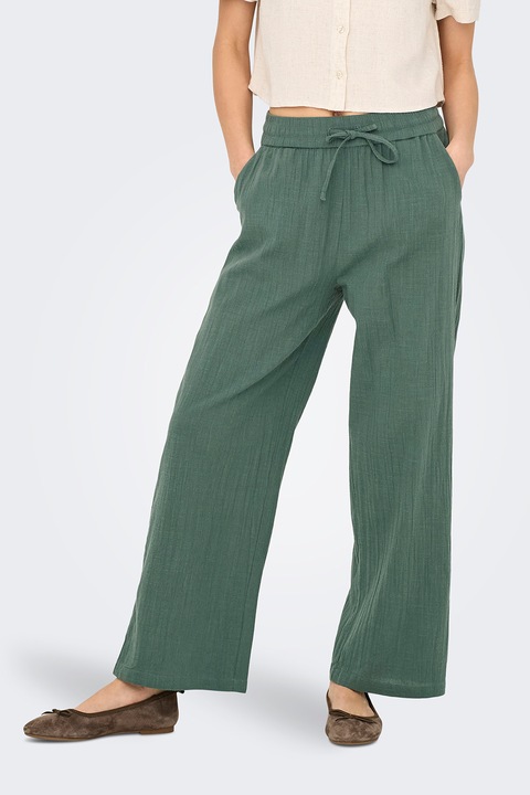 Only, Pantaloni cu buzunare laterale si snur in talie, Verde feriga