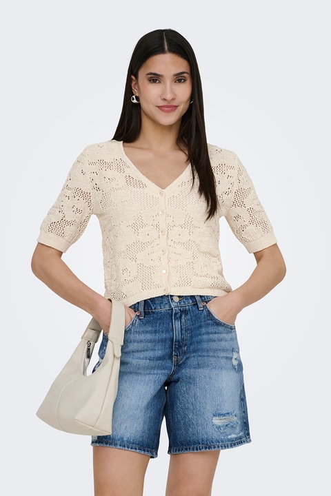 Only, Bluza crop cu decolteu in V, Bej deschis