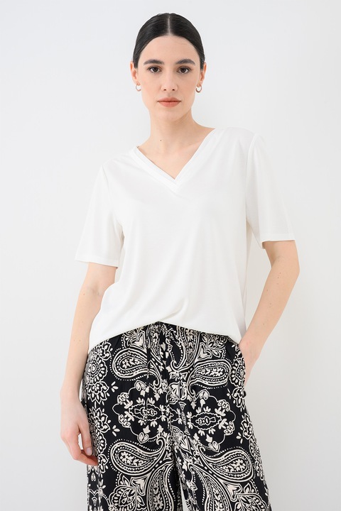 Only, Tricou din amestec de modal cu decolteu in V, Alb