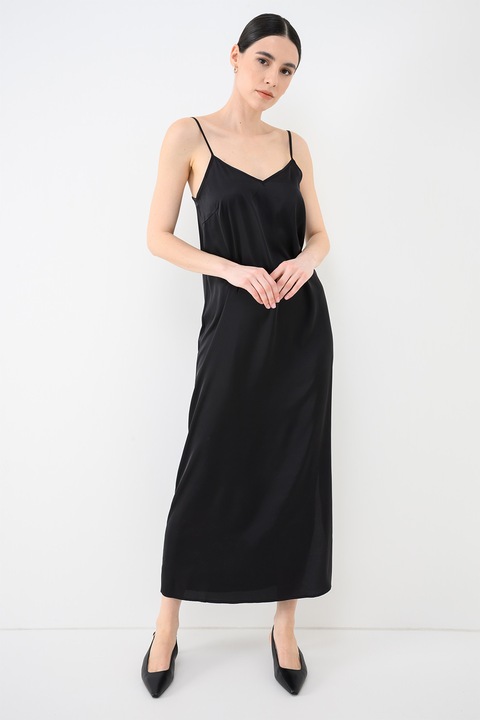 Pieces, Сатенена дълга рокля с шпиц, Черен