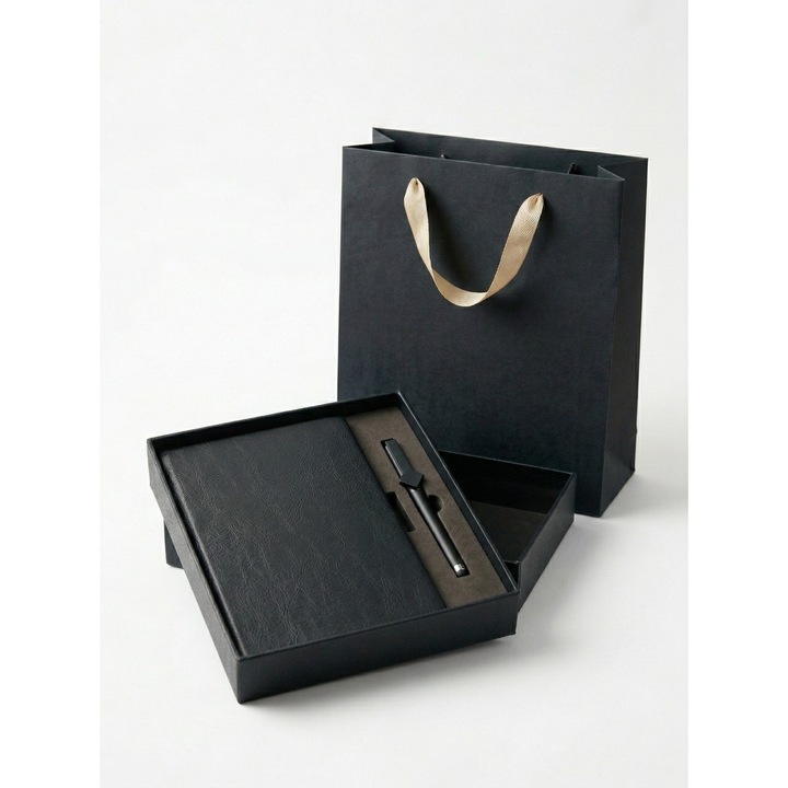 Set Cadou Eldepo, Agenda A5 din Piele Ecologica si Pix Multifunctional cu Gel Negru, include Cutie de Prezentare si Punga Cadou, Negru