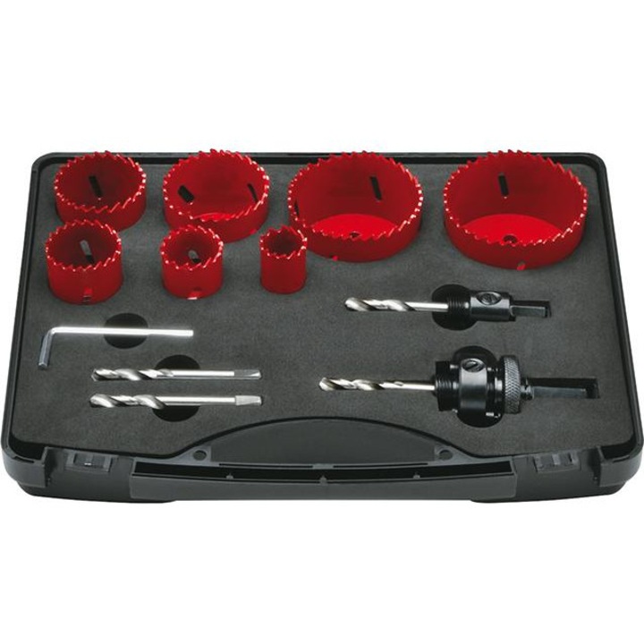 Set 7 burghie, HSS-Bi 22-68 mm, pentru inox, cu 2 trzpienie si 2 burghie centru, in cutie de plastic