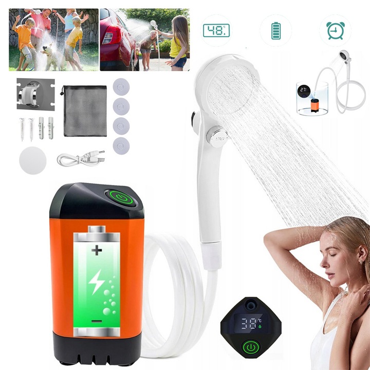 Duș portabil de camping CHOOLY, 3 moduri de pulverizare, impermeabil IPX7, 4800mAh, portocaliu, 12, 5x7cm