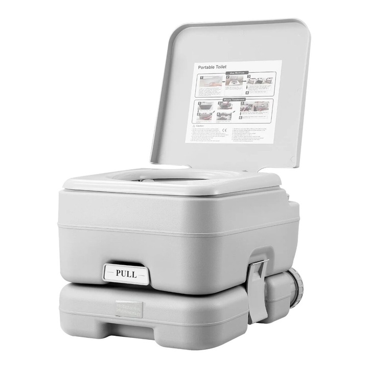 Toaleta portabilă pentru camping, 12 l rezervor apă, 12 l rezervor canalizare, dimensiuni 38, 5x34, 5x33, 5 cm, greutate max 200 kg