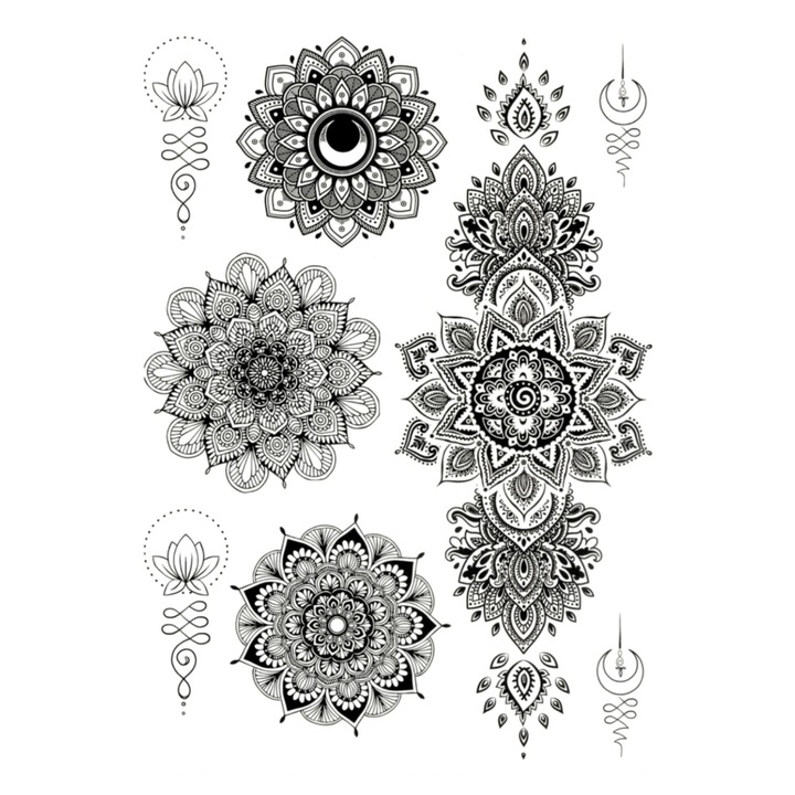 Tatuaj temporar, Flash Tattoos Romania, Hindi Mandalas, rezistent la apa, 21 x 15 cm