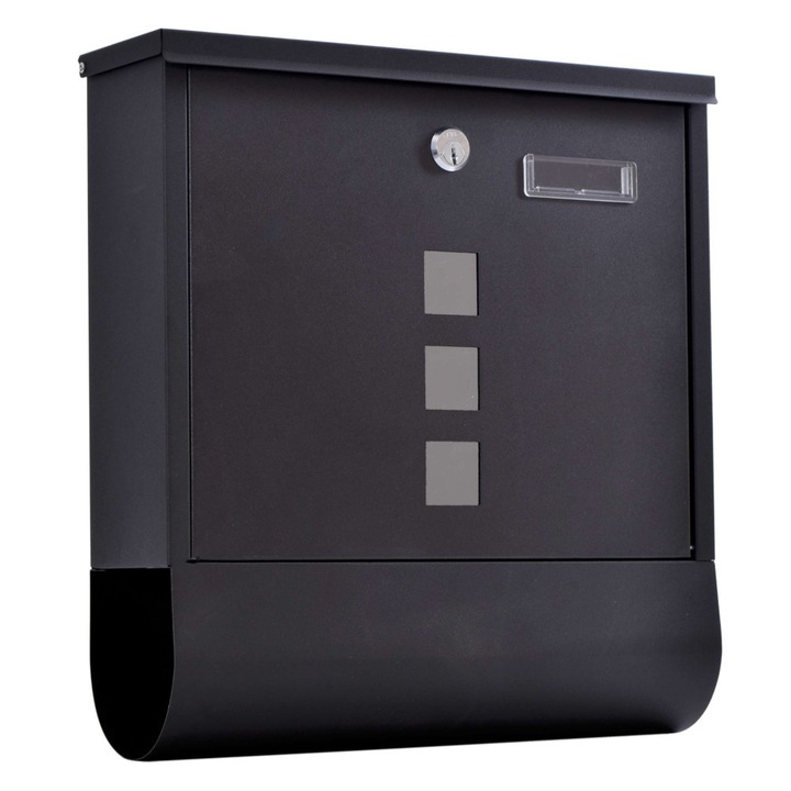 Modern fekete postaláda újságtartóval, 33,5x31x9cm, 3 kémlelőnyílással