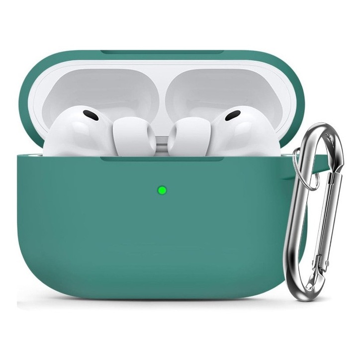 Husă protecție set cu carabină pentru AirPods Pro, REDZ Accessories, silicon, verde închis, grosime 3mm