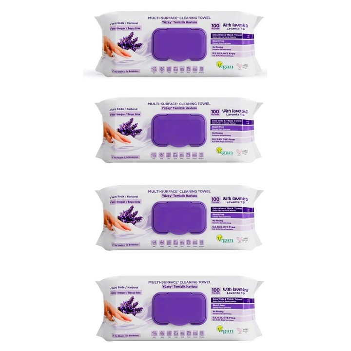 Pachet Servetele umede multisuprafete cu bicarbonat si otet Deep Fresh Lavanda 4x100buc