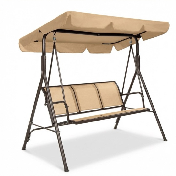 Balansoar Gradina TOP SCAUNE® 170x110x152 Cm, Leagan Gradina 3 Locuri, Baldachin Reglabil 45 Grade, Cadru Otel Vopsit Electrostatic, Suspensie Pe Arcuri Puternice, Baza Antiderapanta, Structura Solida 250 Kg, Leagan Gradina Confortabil, Bej