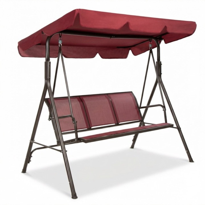 Balansoar Gradina TOP SCAUNE® 170x110x152 Cm, Leagan Gradina 3 Locuri, Baldachin Reglabil 45 Grade, Cadru Otel Vopsit Electrostatic, Suspensie Pe Arcuri Puternice, Baza Antiderapanta, Structura Solida 250 Kg, Leagan Gradina Confortabil, Burgundy